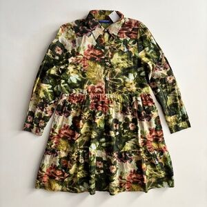 Ro's Garden Dress Nwt Romy Tiered Green Floral Print Button 100% Cotton Small